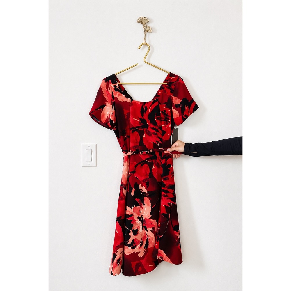EVA MENDES NY&C Red Floral Belted Fit & Flare Dress Size 10 - Picture 2 of 10